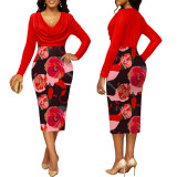 Wholesale Printing Cowl Neck Long Sleeve Midi Dress