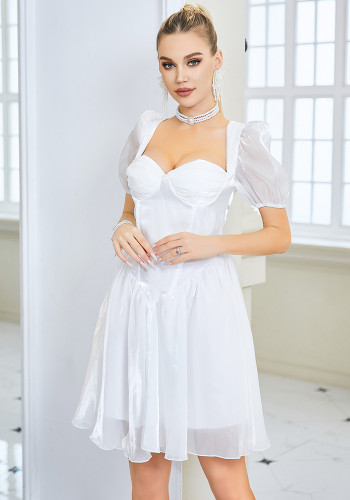 White Short Sleeve Prom Dress