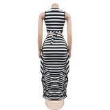 Trendy Striped Sleeveless Crop Top Ruffle Long Bodycon Skirt 2PCS Set