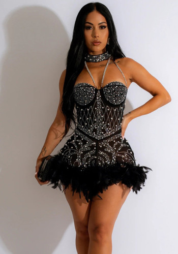 Rhinestone Feather Trim Halter Chain Sexy Party Club Romper