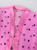 Pink Polka Dot Puff See-Through Chiffon Long Cardigan