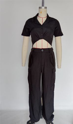 Solid Short Sleeve Shirt + Cargo Pants Casual 2PCS Set