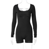 Solid Long Sleeve U-Neck Lace-Up Back Sports Yoga Rompers