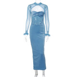 Mesh Splicing Sexy Velvet Long Sleeve Cutout Maxi Dress