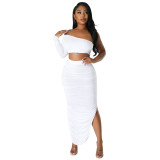 One Shoulder Long Sleeve Crop Top Sexy Tight Ruched Irregular 2PCS Skirt Set