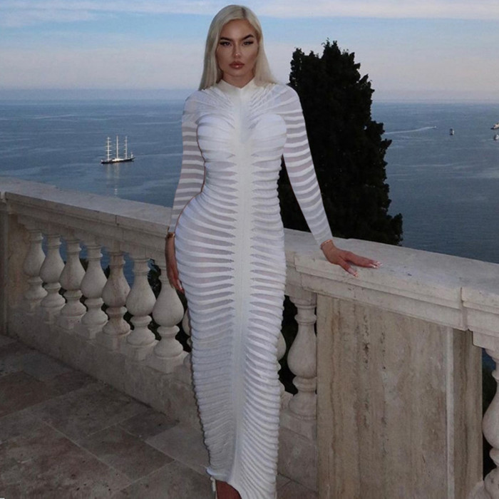 chinese dress ladies Brown Bandage Dress Long Sleeve Bodycon Elegant Sexy Midi Dress Tan / M