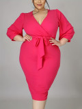 Plus Size 3/4 Sleeve Fashion V Neck Bodycon Dress