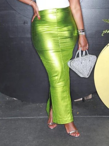 Sexy Bodycon Green Slit PU Leather Long Skirt