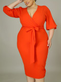 Plus Size 3/4 Sleeve Fashion V Neck Bodycon Dress