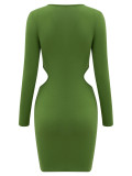 Sexy Solid Long Sleeve Knot V-Neck Cutout Bodycon Dress