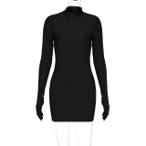 Sexy Solid Mock Neck Long Sleeve Bodycon Dress with Gloves