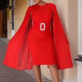 Plus Size Solid Bodycon Pleated Cape Sleeve Midi Dress