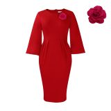 Solid Puff Sleeve Chic Bodycon Dress with Brooch