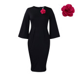 Solid Puff Sleeve Chic Bodycon Dress with Brooch