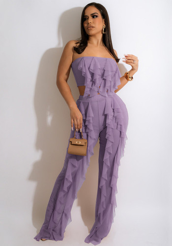 Solid Strapless Mesh Crop Top and Pants Ruffles 2PCS Set