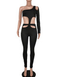 Cutout Single Sleeve Black Tight Fit Sexy Jumpsuit
