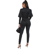 Fall/Winter Solid Bishop Sleeve Crop Top 2PCS Pants Set