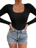 Sports Casual Ribbed Solid Square Neck Long Sleeve Tight Bodysuit