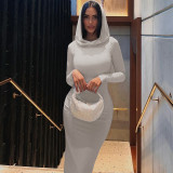 Solid Long Sleeve Hooded Bodycon Slit Maxi Dress