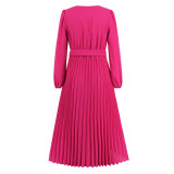 Wholesale Long Sleeve V-Neck Pleated A-Line Midi Dress