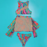 Sexy Print Colorful Mesh Patchwork Beachwear See-Through Three-Piece Set