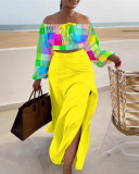 Print Off Shoulder Long Sleeve Slit Maxi Skirt Casual 2PCS Set