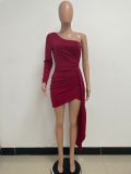 Solid Single Sleeve Pleated One Shoulder Ruched Bodycon Dress