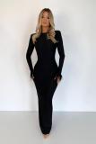 Solid Chic Round Neck Feather Trim Full Sleeve Slim Long Dress