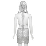 Sexy Hollow Sequin Hooded Backless Irregular Top and Bodycon Skirt Knitting 2PCS Set