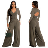 Sexy Cutout Back V-Neck Ruched  Wide Leg Jumpsuit