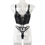 Deep V Lace-Up Back See-Through Mesh Rhinestone Sexy Lingerie Set