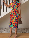 Fashionable V Neck Slim Waist Print Midi Dress
