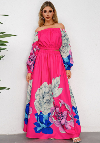 Vintage Floral Print Long Sleeve Off Shoulder Crop Top + A-Line Long Skirt 2PCS Set