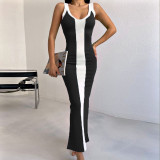 Sexy Color Contrast Knitting Tight Fitting Cami Slit Midi Dress