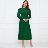 Women Solid Round Neck Shirred Long Sleeve Pleated A-Line Midi Dress with Belt