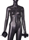 Women Glitter Rhinestone Fishnet Hollow Long Sleeve Top