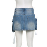 Distressed Irregular Pocket Zipper Slim Denim Skirt