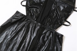 pu Leather Black Sexy Sleeveless Hollow Low Cut Slit  Bodycon Slim Dress