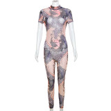 Sexy See-Through Short Sleeve Mesh Print Open Back Tight Jumpsuit