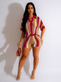 Hollow See-Through Contrast Color Knitting Shirt Top and Shorts 2PCS Set