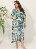 Plus Size Boho Print Tie Waist Casual Dress