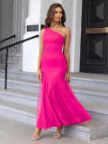 Hot Pink One Shoulder Ruched Mesh Sleeveless Maxi Party Dress