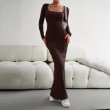 Sexy Long Sleeve Square Neck Knitting Slim Maxi Dress