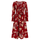 Long Sleeve Floral Print Shirred Vintage Midi Dress