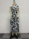 Fashion Printed Sleeveless Ruffle Slim Waist High Low Belted Dress