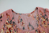 Long Sleeve Floral Print Shirred Vintage Midi Dress