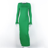 Solid Chic Round Neck Feather Trim Full Sleeve Slim Long Dress