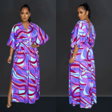 Multicolor Print Slit Half Sleeve Casual Maxi Dress