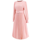 Women Solid Round Neck Shirred Long Sleeve Pleated A-Line Midi Dress with Belt