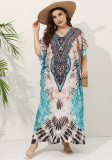 Plus Size Loose V-Neck Short Sleeve Printed Maxi Dress